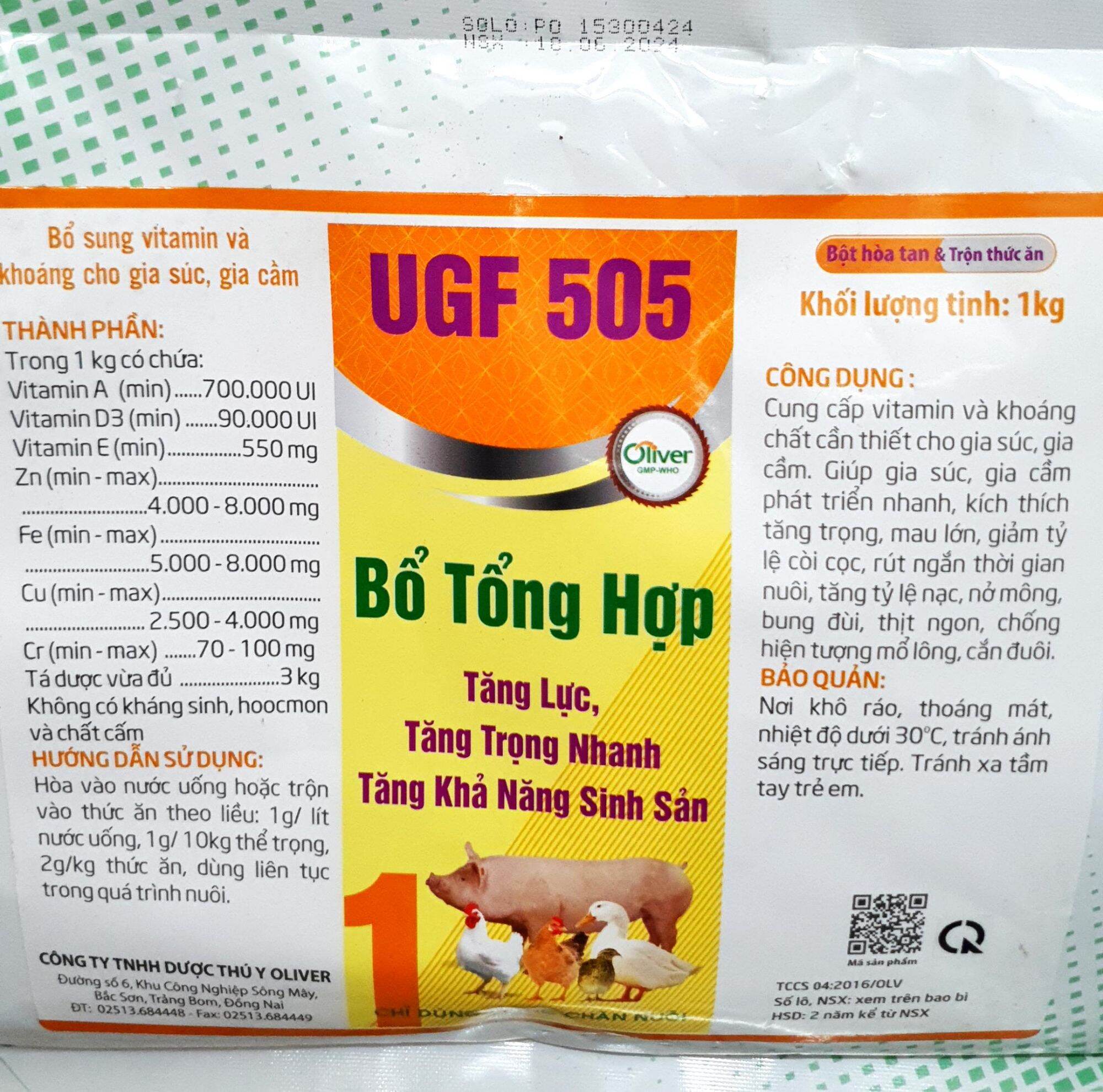 UGF 505 (1 kg) - Vitamin bổ tổng hợp. Kích thích thèm ăn, chống còi, hồng da, mượt lông, tăng trọng nhanh cho gà đá, vịt, heo, bò (Tan trong nước)