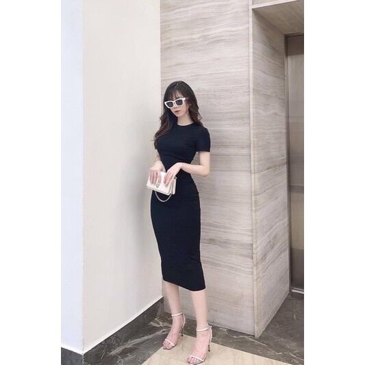 Váy body cổ tròn nhún eo tay cộc Sam-collection[freeship]