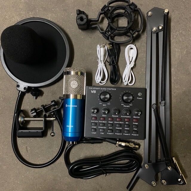COMBO THU ÂM LIVESTREAM MIC BM900 ZANSONG VÀ SOUND CARD V8 CHÂN KẸP+MÀNG LỌC ĐẦY ĐỦ BH 6 THÁNG