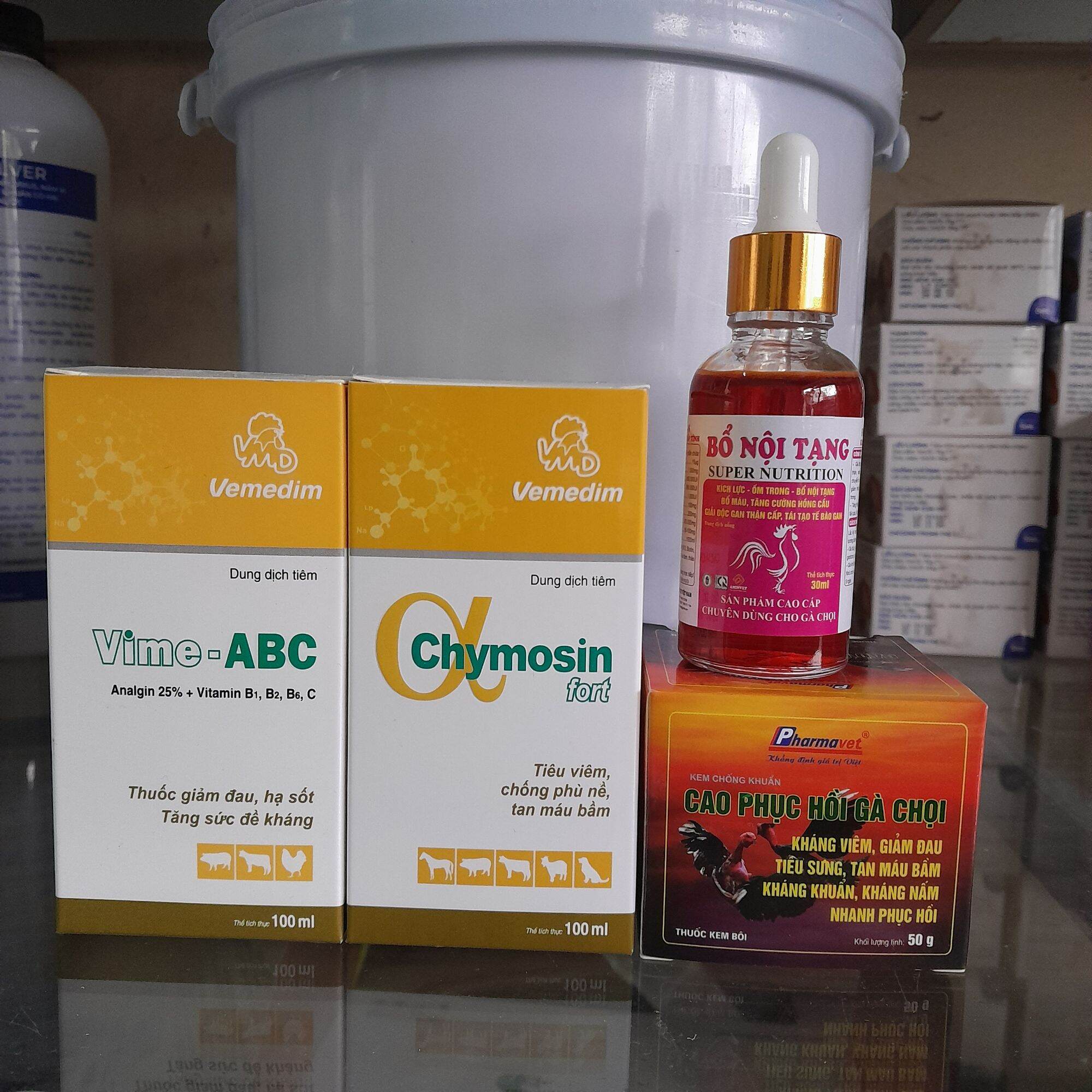 Combo Phục hồi sau đá Tổng hợp cho gà sau tập luyện và thi đấu; gồm Chymosin và ABC, bổ nội tạng và cao tan đòn
