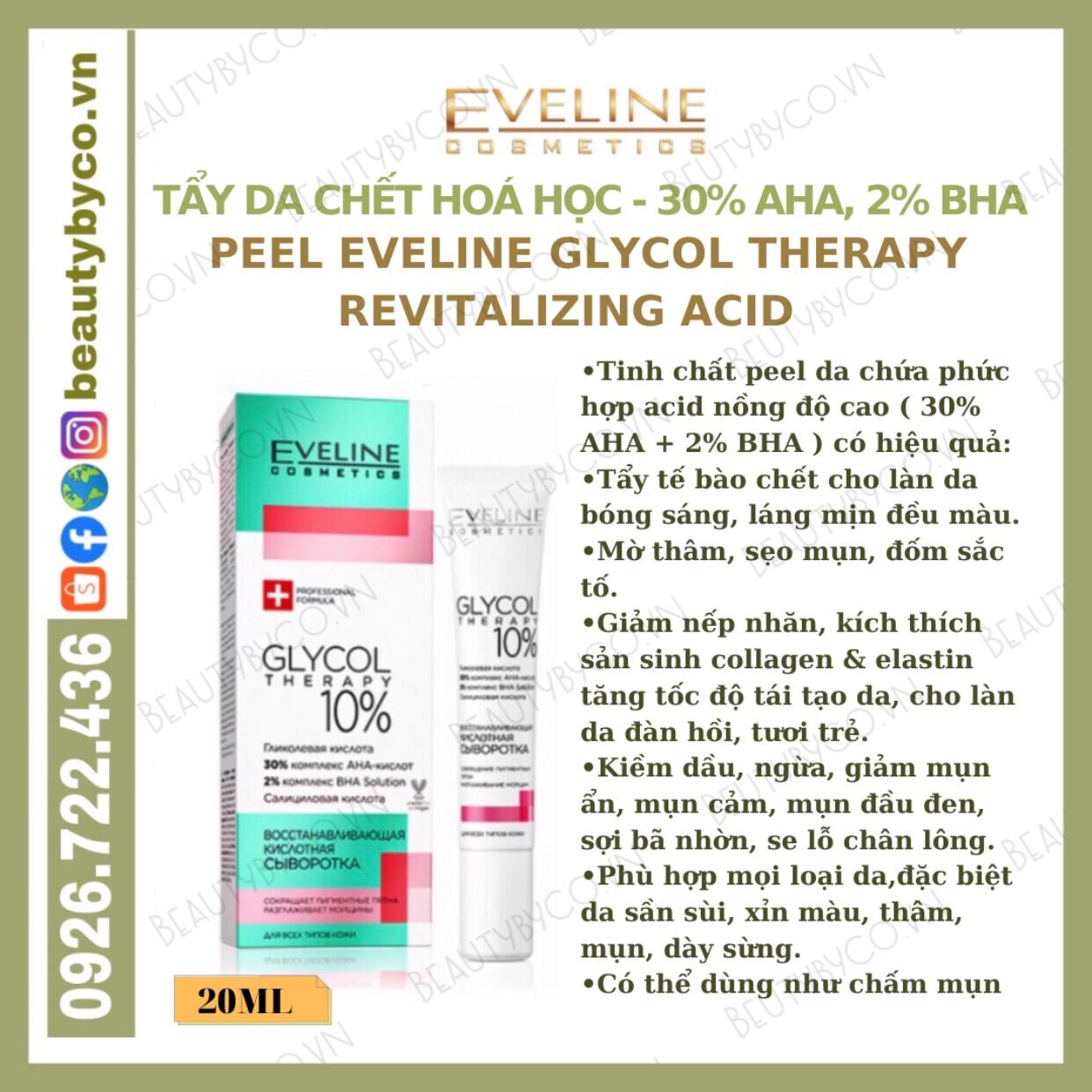 Tẩy Da Chết Hoá Học Eveline Glycol Therapy 10% Revitalizing Acid Peel Cho Da Láng Mịn Đều Màu Căng Bóng Ngừa Mụn