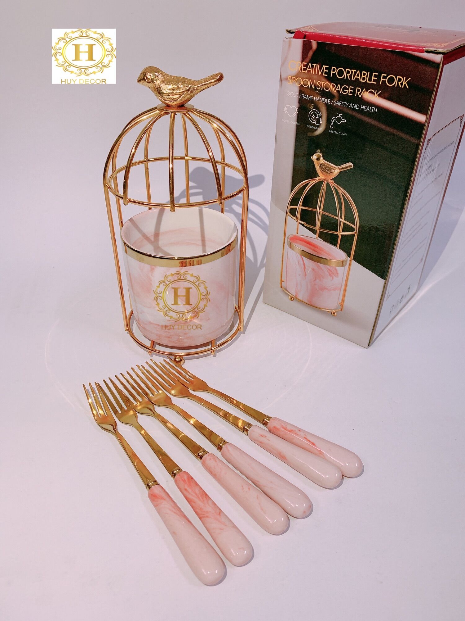 Giỏ thìa dĩa vân đá cẩm thạch hình lồng chim Huydecor