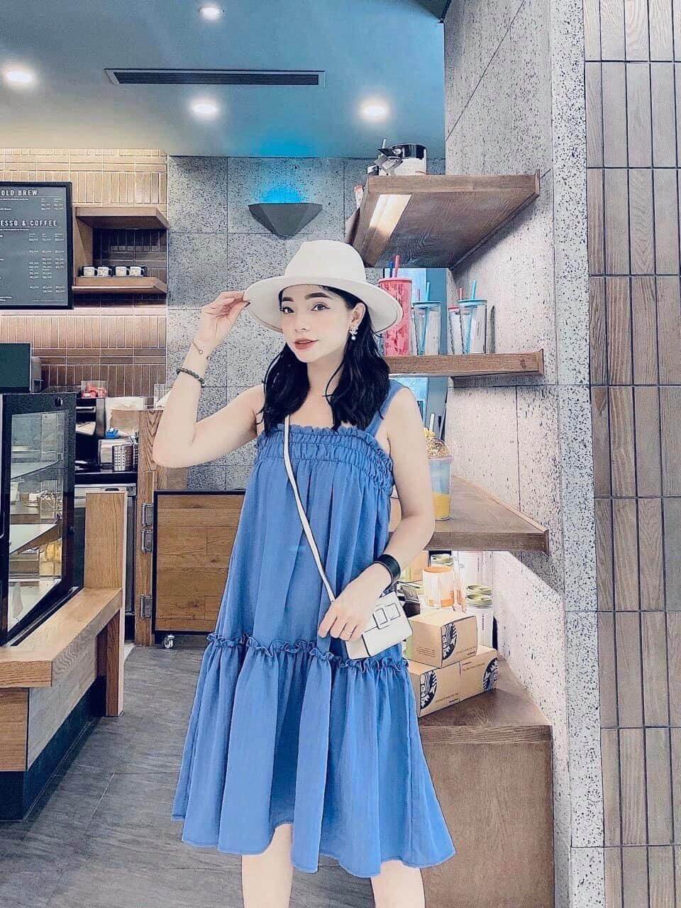 Váy Hai Dây Đuôi Cá Xanh , Đầm Nữ Dáng xòe