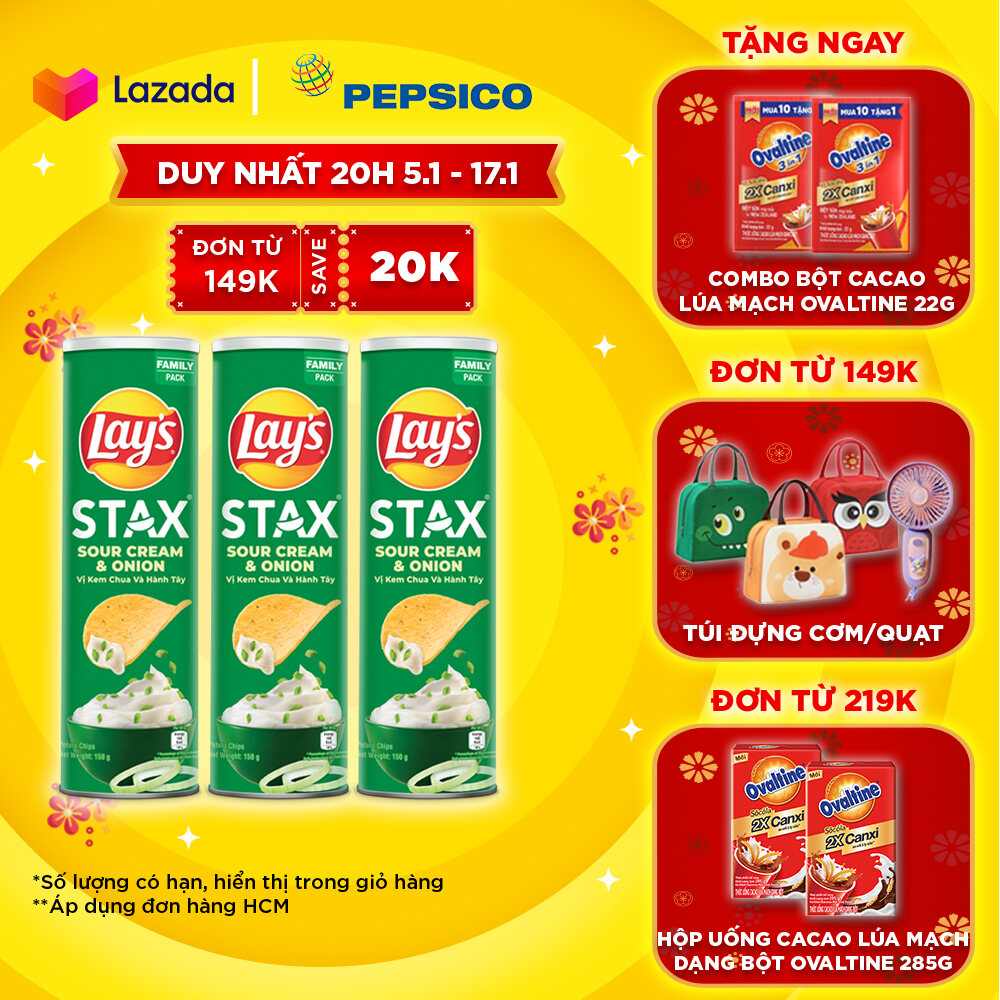 [Deal Tết 2025 tặng Ovaltine] Combo 3 Lays Stax Khoai Tây Miếng Vị Kem Chua và Hành Tây 155G