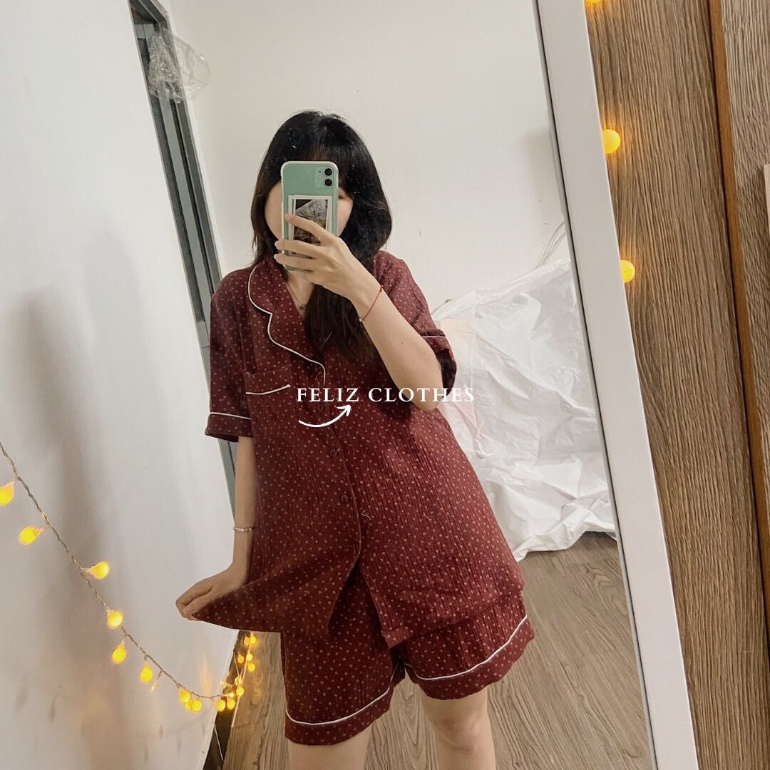 [HÌNH THẬT] Set pyjama đỏ mận xô muslin cao cấp siêu trắng da
