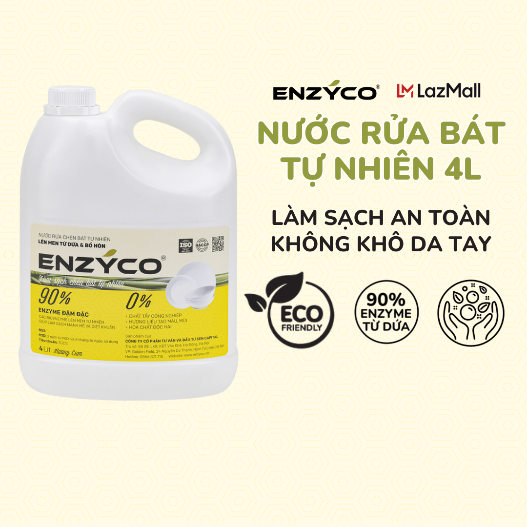 Nước rửa chén sinh học ENZYCO can 4L - 90% Enzyme từ dứa giúp làm sạch mạnh mẽ, diệt khuẩn, bảo vệ da tay, phù hợp người viêm da cơ địa - Hương cam