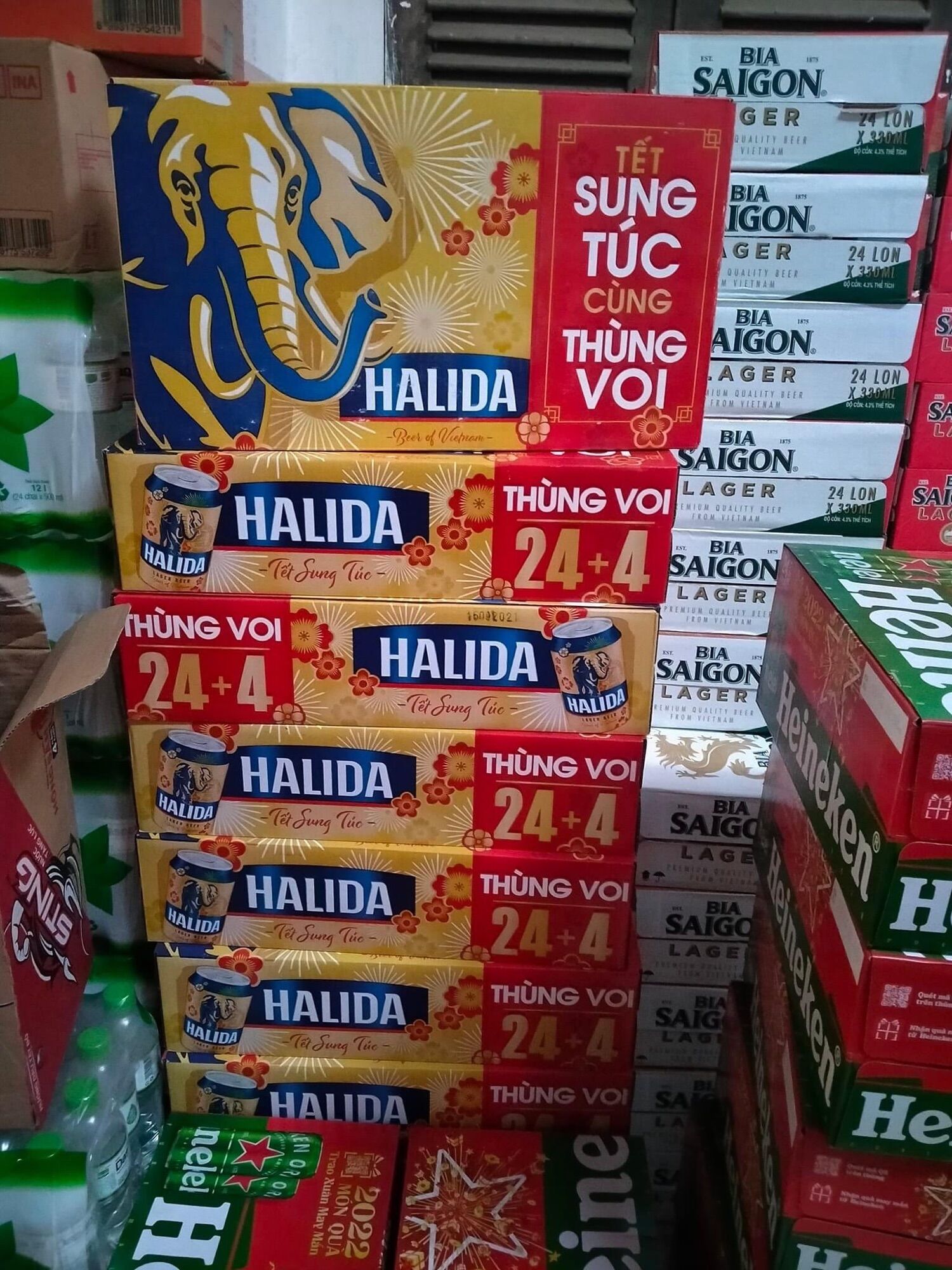 Thùng 24+4 lon bia Halida tết 330ml + tặng áo huda