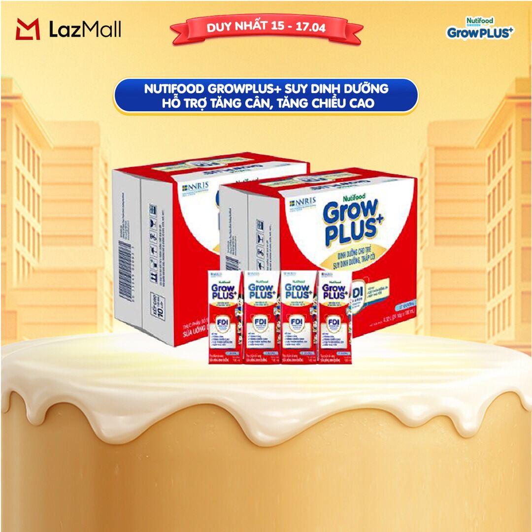 Thùng 48 hộp Sữa Nước Nutifood GrowPLUS+ Suy Dinh Dưỡng (Đỏ) - Hỗ trợ tăng cân, tăng chiều cao Ít đường 180ml - Trên 1 tuổi (Bao bì tùy đợt nhập hàng)