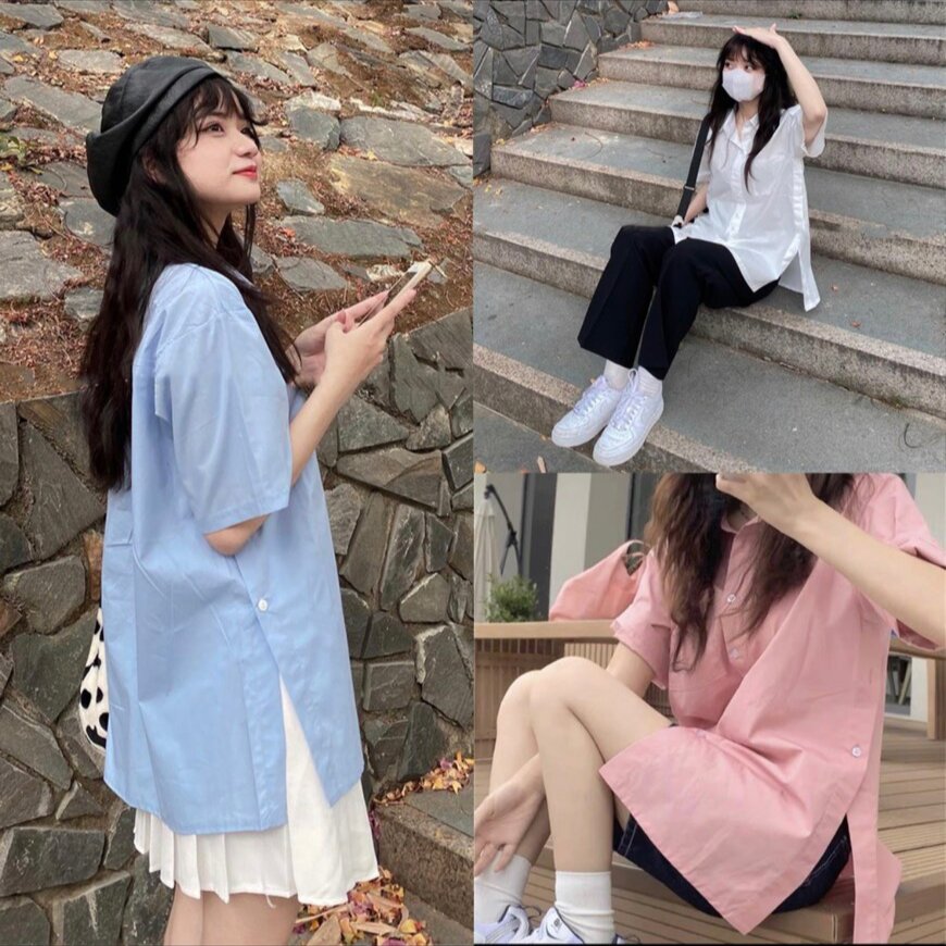 Áo sơ mi cộc tay form rộng túi ngực cúc sườn