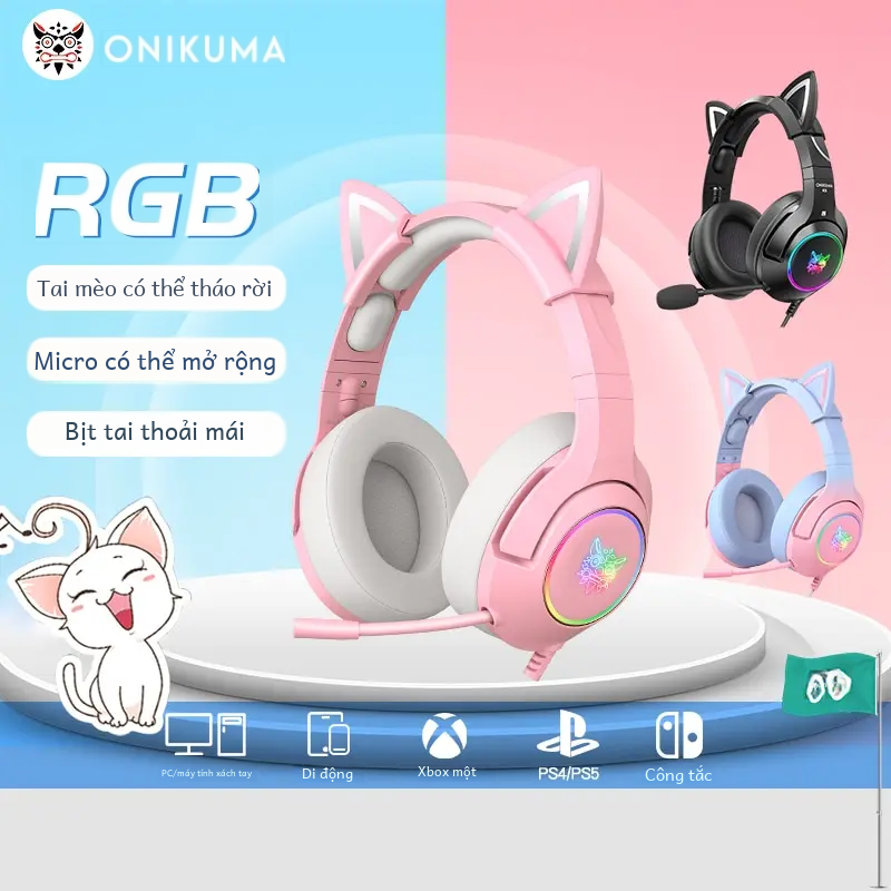 Onikuma K9 Tai nghe có dây với RGB ánh sáng linh hoạt HD Mic 3.5mm chơi game tai nghe máy tính Tai nghe cho PC Gamer PS4 Xbox