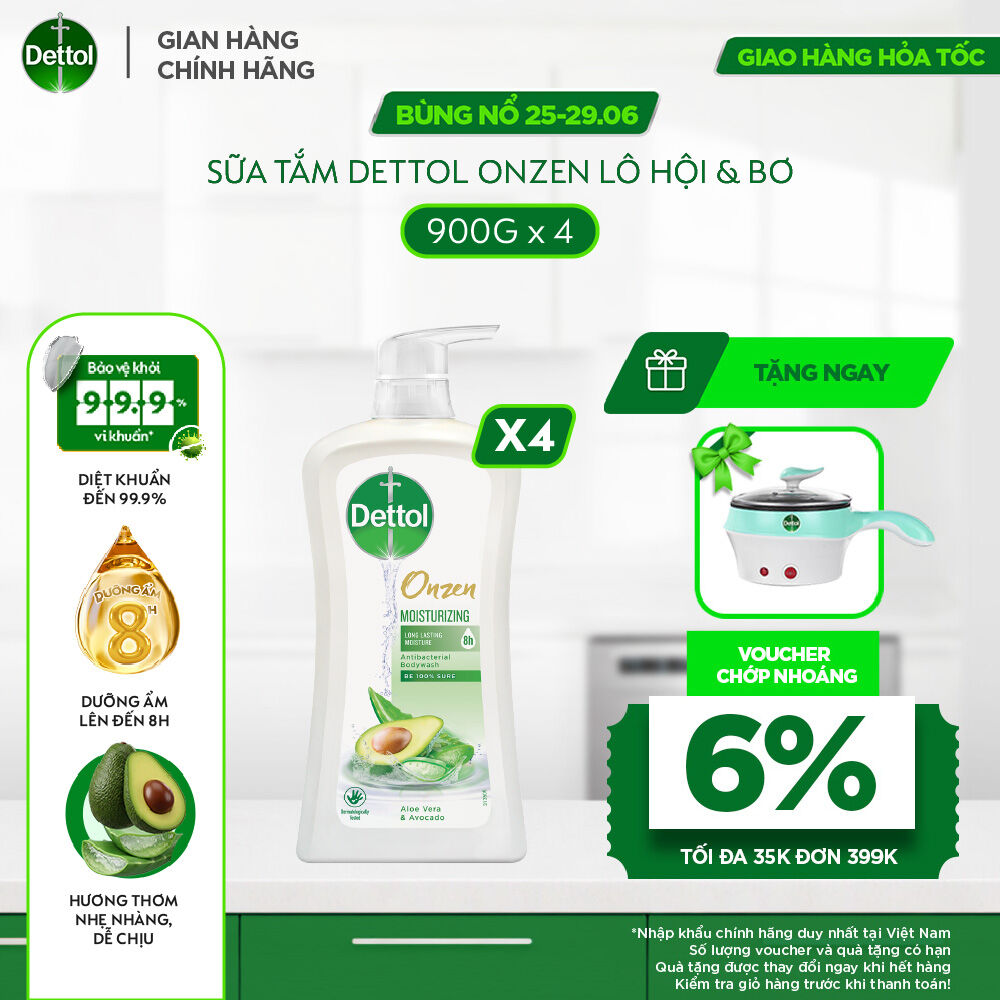 Combo 4 chai sữa tắm Dettol Onzen dưỡng ẩm Lô hội  Bơ 900g