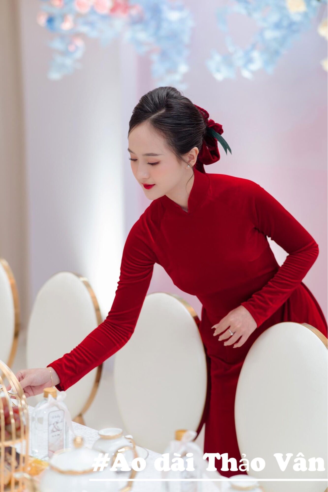 Áo dài cô dâu đỏ nhung cao cấp-TV001