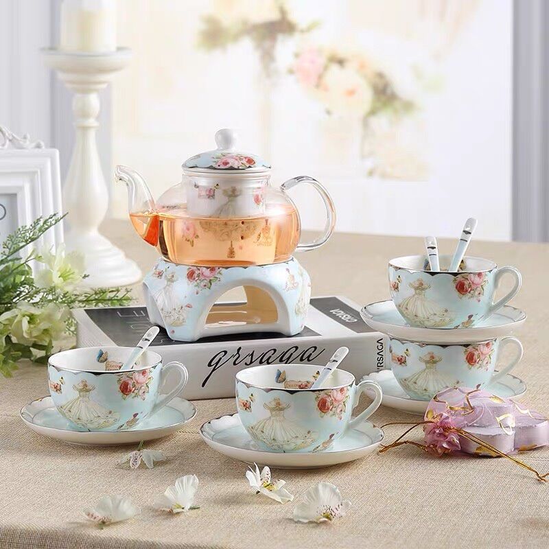 Bộ ấm chén đun nến pha trà màu xanh nhạt cao cấp