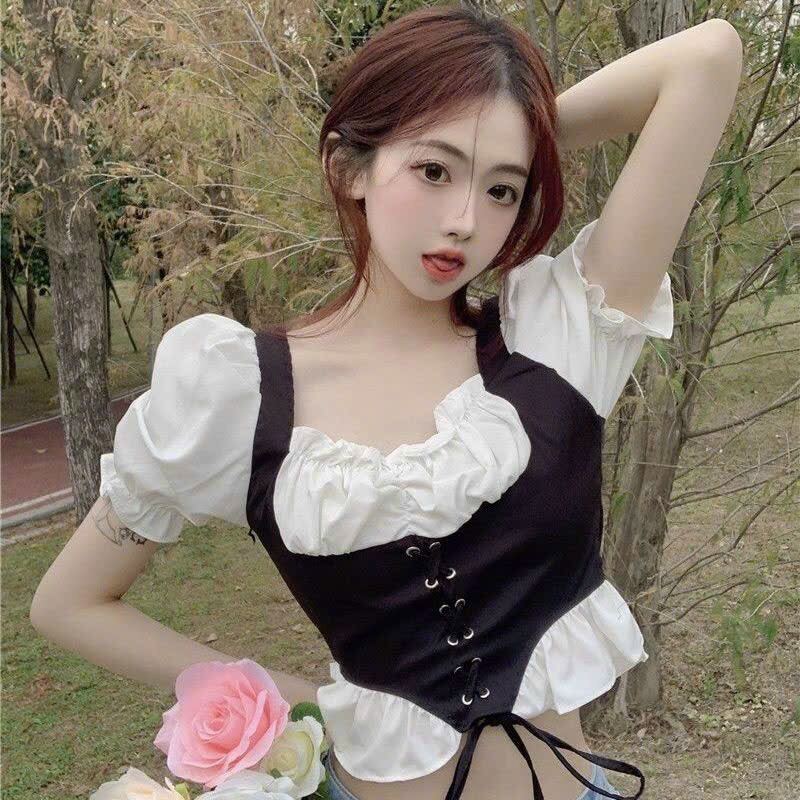 Áo croptop phối màu rút dây bụng mới bxd13