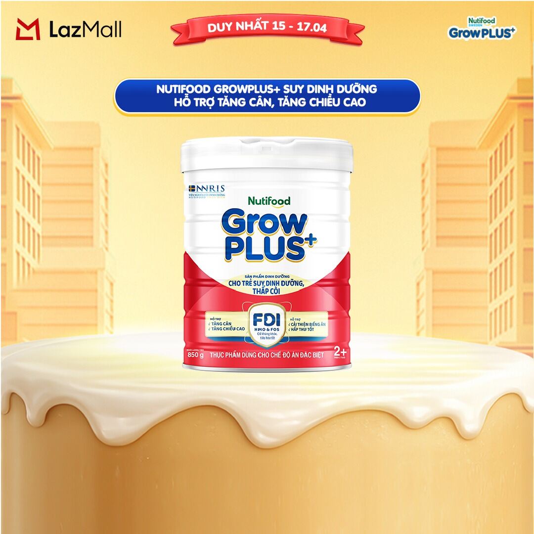 Sữa bột Nutifood GrowPLUS+ Suy Dinh Dưỡng (Đỏ) 2+ - Tăng Cân, Tăng Chiều Cao (Lon 850G)