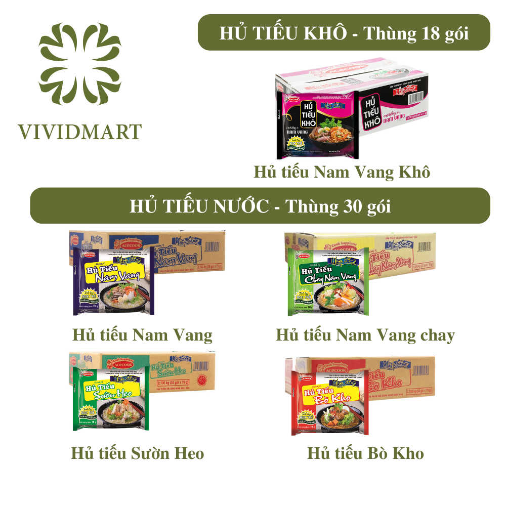 [THÙNG 18/30 GÓI] - ACECOOK - Hủ tiếu Nhịp Sống 5 vị: hủ tíu nam vang, nam vang CHAY, nam vang khô, bò kho và sườn heo (66g - 71g/gói) - Hủ tiếu ăn liền nhịp sống  - Hủ tíu Nhịp Sống ăn liền