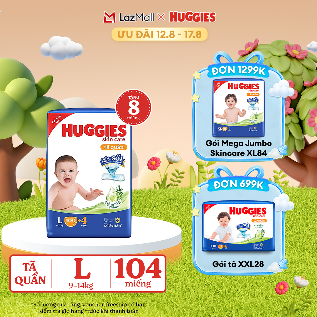 [12-17.08 GIẢM THÊM 90K]  Gói Tã/bỉm quần HUGGIES SKINCARE MEGA JUMBO size L100+4 miếng