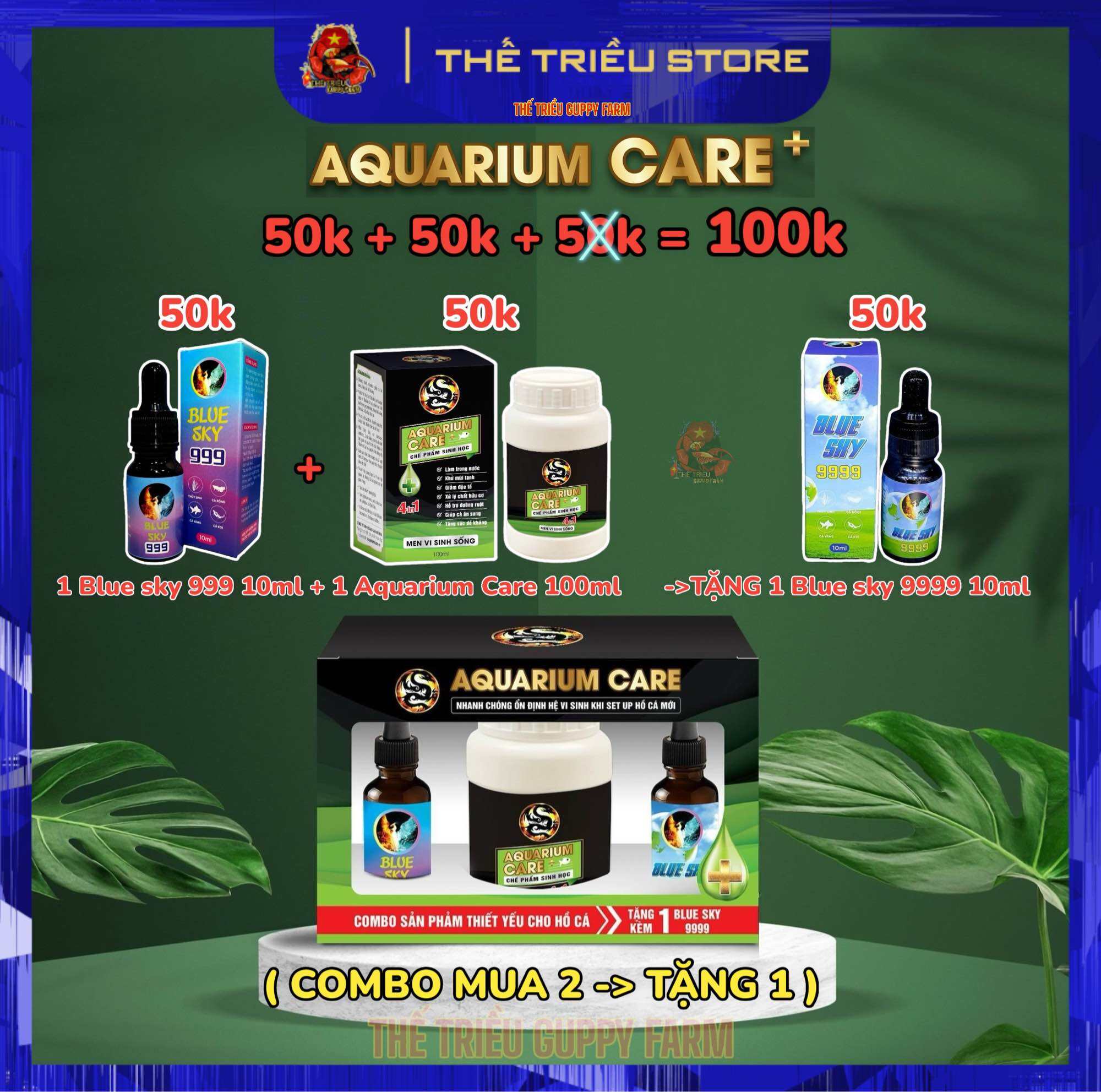 [Combo Mua 2 Tặng 1] Bộ đôi chăm sóc hồ cá. Vi Sinh Aquarium care 100ml + Blue sky 999 10ml ( Tặng k