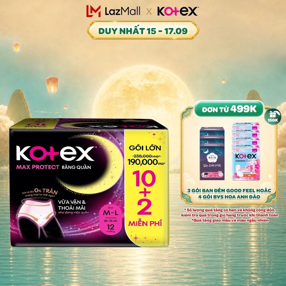 Combo 2/Combo 4/Combo 8/Băng Vệ Sinh Dạng Quần Kotex Ban Đêm Cỡ M/L (10+2) Miếng/Gói