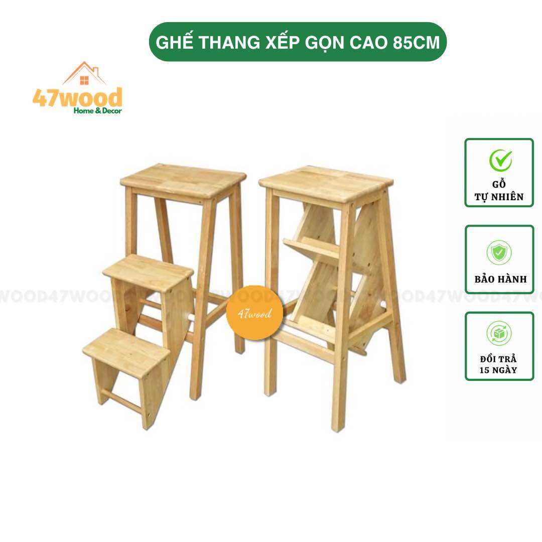 Ghế thắp nhang 3 bậc chân gấp, gỗ cao su - ghế thang đa năng xếp gọn