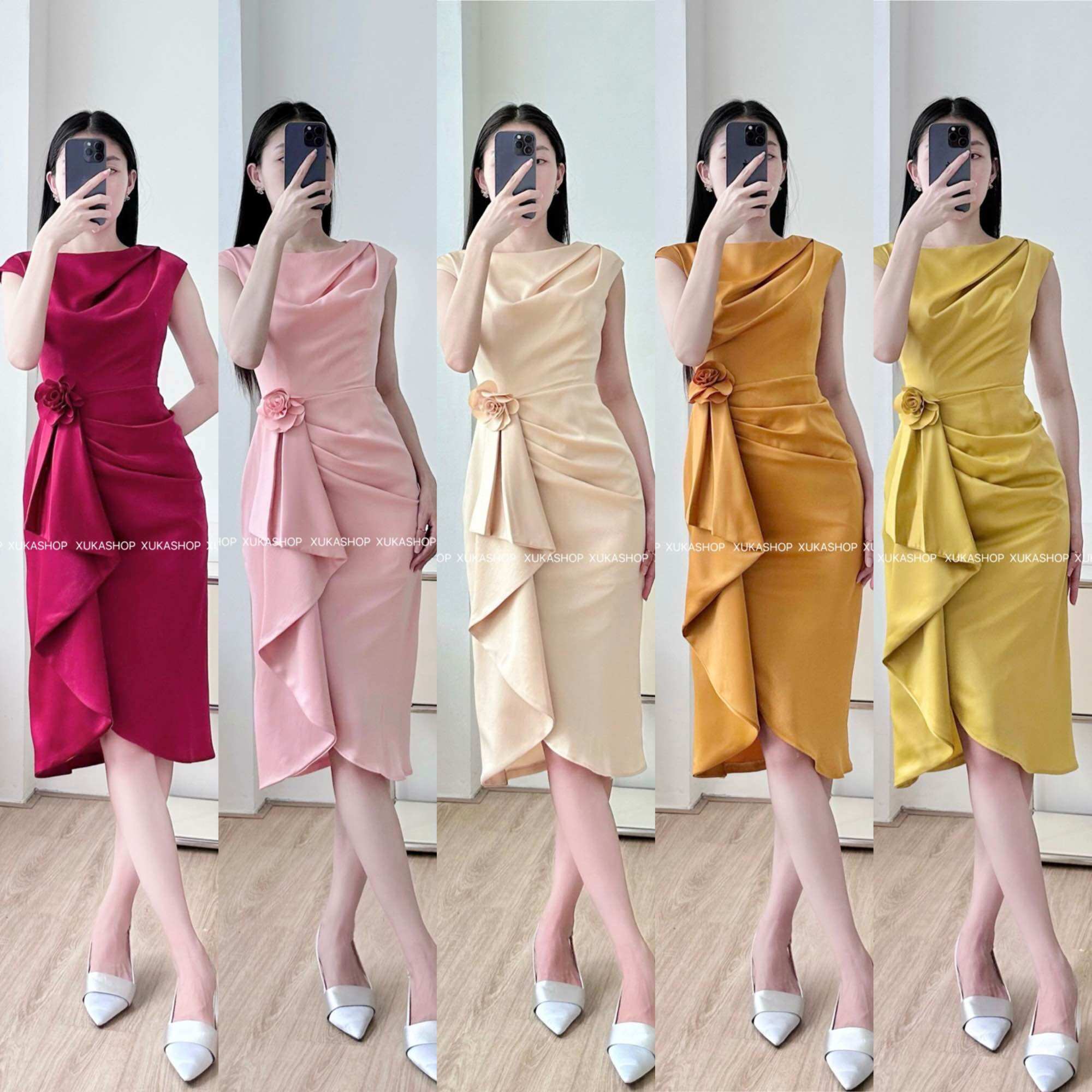 Đầm dự tiệc chất lụa xếp ly xẻ tà phối bèo sang chảnh
