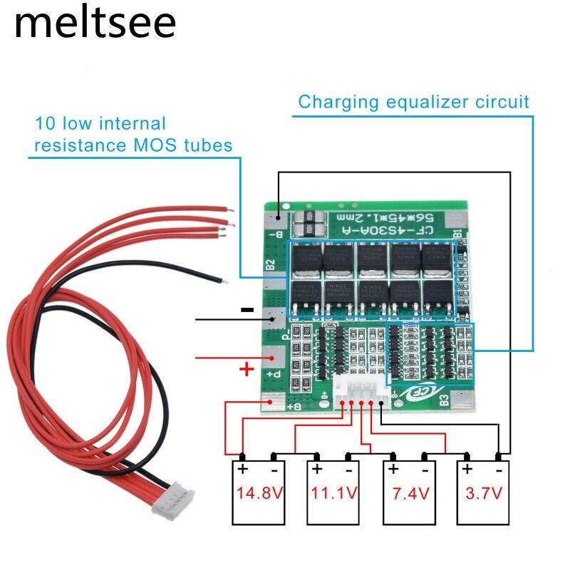 Bảng mạch cân bằng pcb 4s 30a 14.8v bảo vệ pin li-ion lithium 18650 tích hợp cáp. gói bảo vệ pcb cân bằng .