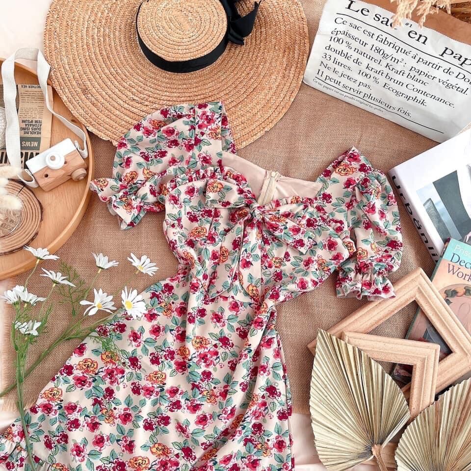 Đầm hoa bèo lai ngực cột nơ tiểu thơ