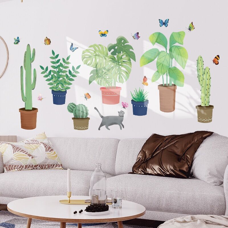Decal dán tường chậu cây xanh và mèo