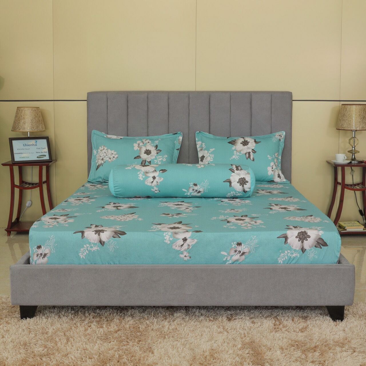 Bộ Drap gối cotton hoa Hometex 1.6x2, 1.8x2m