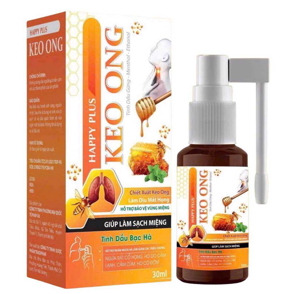 Xịt họng keo ong Happy Plus (Chai 30ml) dùng để hỗ trợ làm dịu cổ họng và giảm ho.