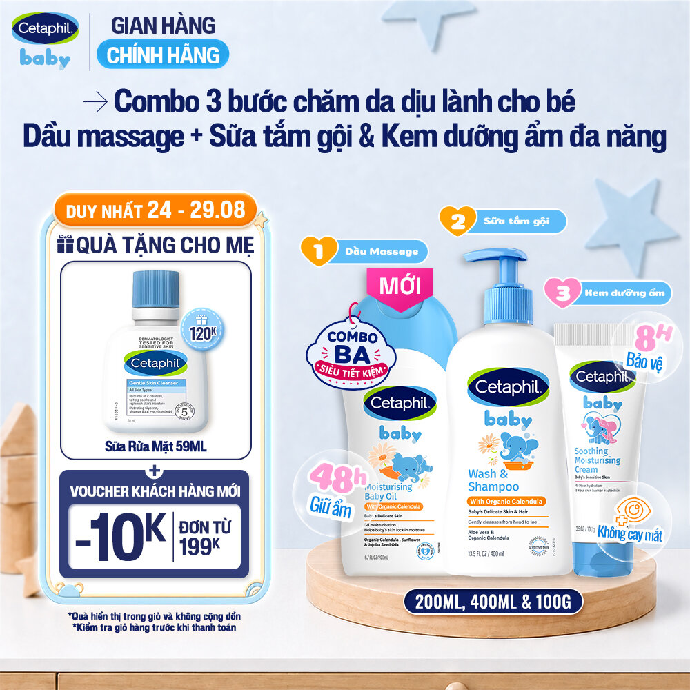 Combo Sữa tắm gội CETAPHIL BABY CALENDULA 400ML  Dầu massage dưỡng ẩm Baby Oil 200ml  Kem dưỡng ẩm Moisturising tuýp 100g