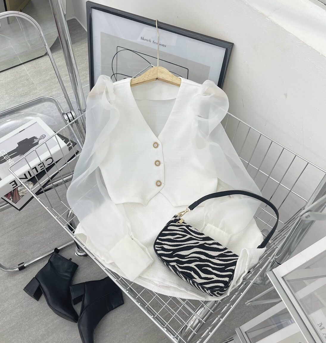 Set váy dạ tay voan phồng sang chảnh