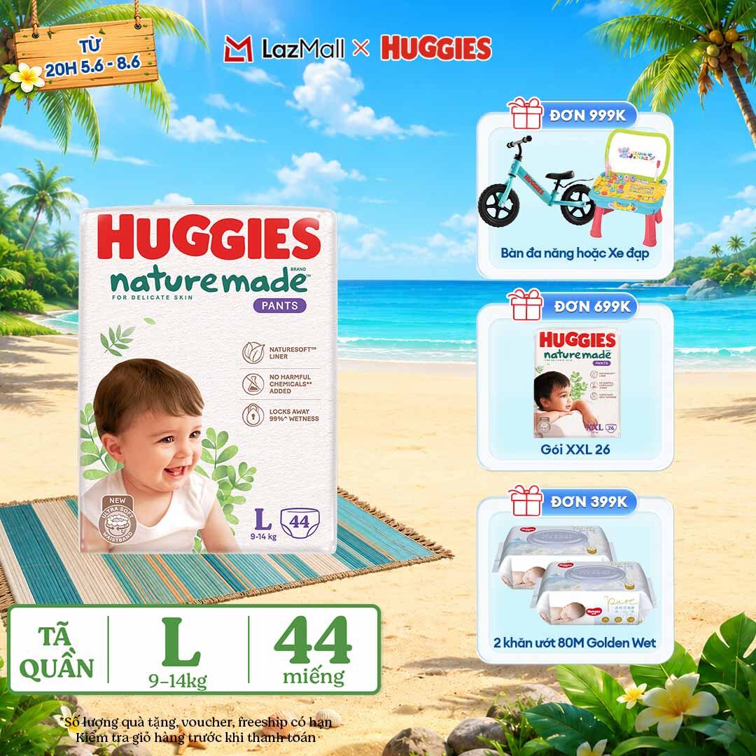 [CHỈ 9-10.6 QUÀ TẶNG ĐƠN 399K](Mua 1 tặng 1) Tã/Bỉm quần HUGGIES PLATINUM NatureMade L44 (9-14kg)-Gói Jumbo 44 miếng