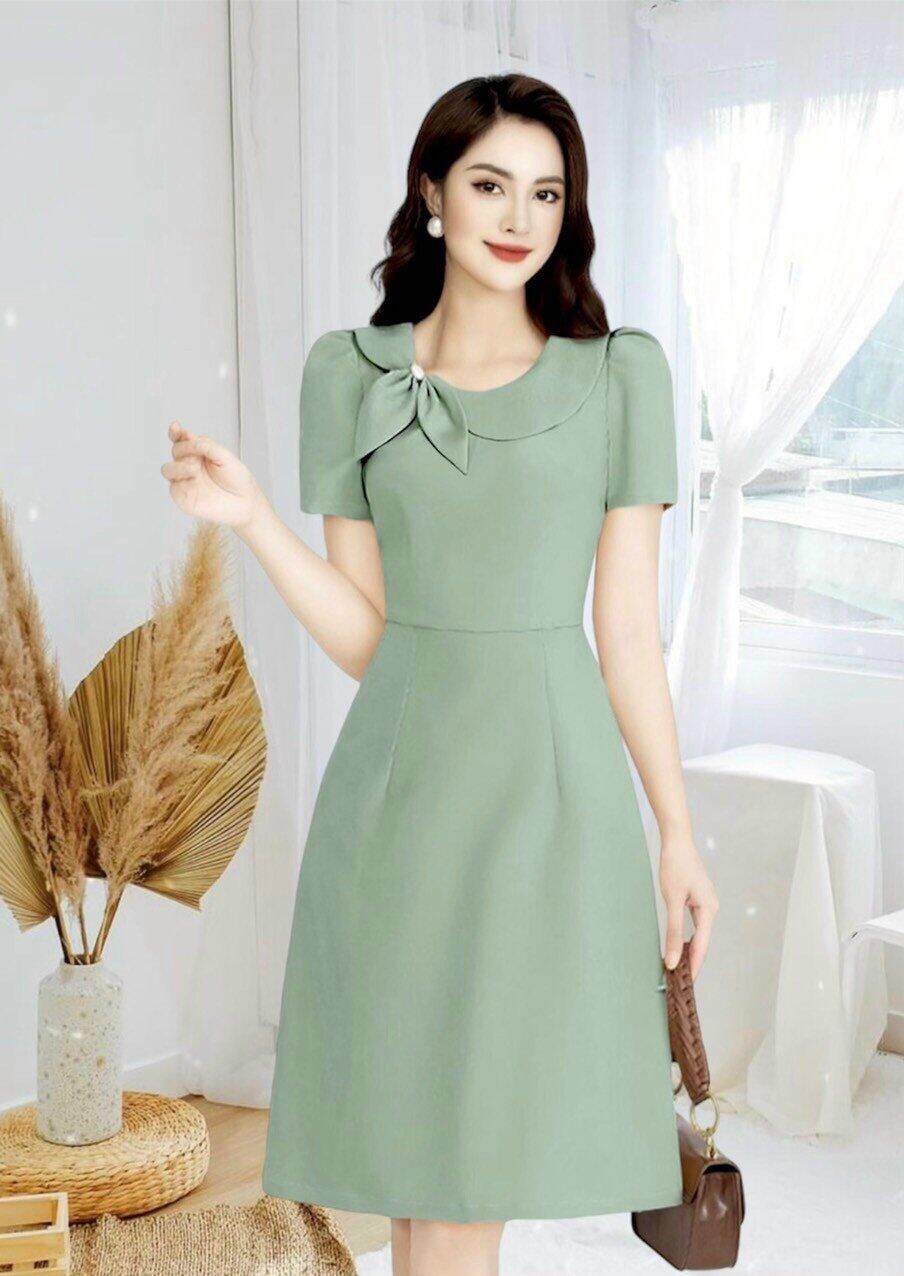 Đầm cổ sen lệch kết nơ đủ size nhiều màu