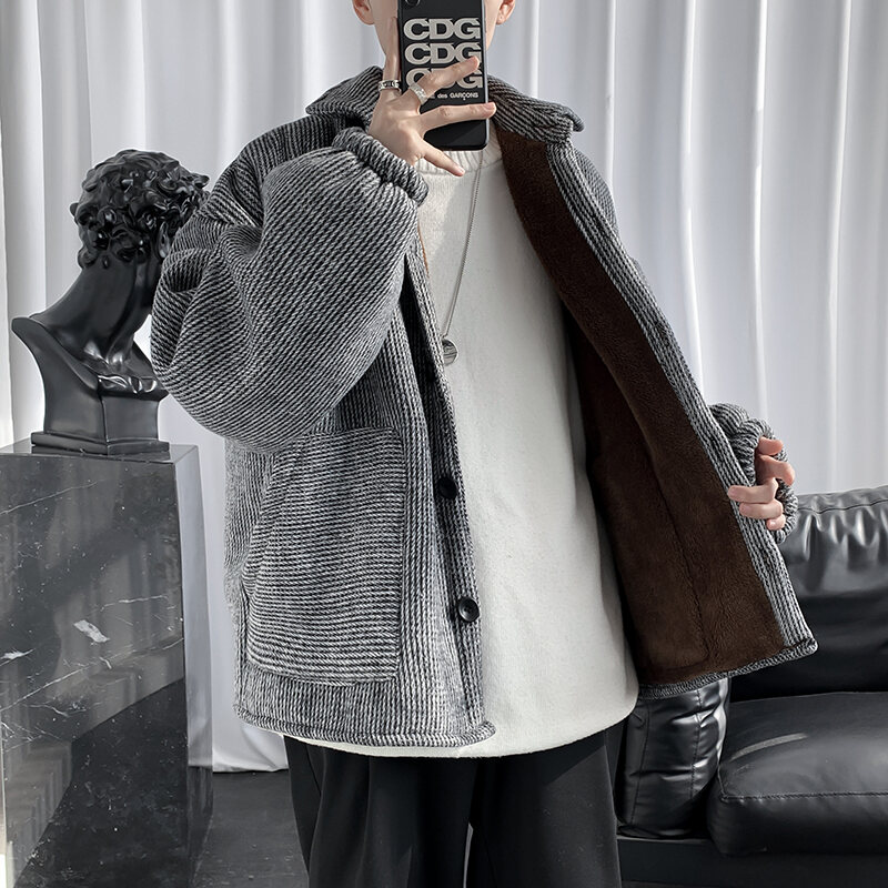 Áo Khoác Nỉ Áo Jacket Thường Ngày Dày Dặn Lót Lông Mùa Đông Cho Nam Áo Khoác Giữ Ấm Rộng Rãi Điển Trai Sành Điệu Instagram Phong Cách Hàn Quốc