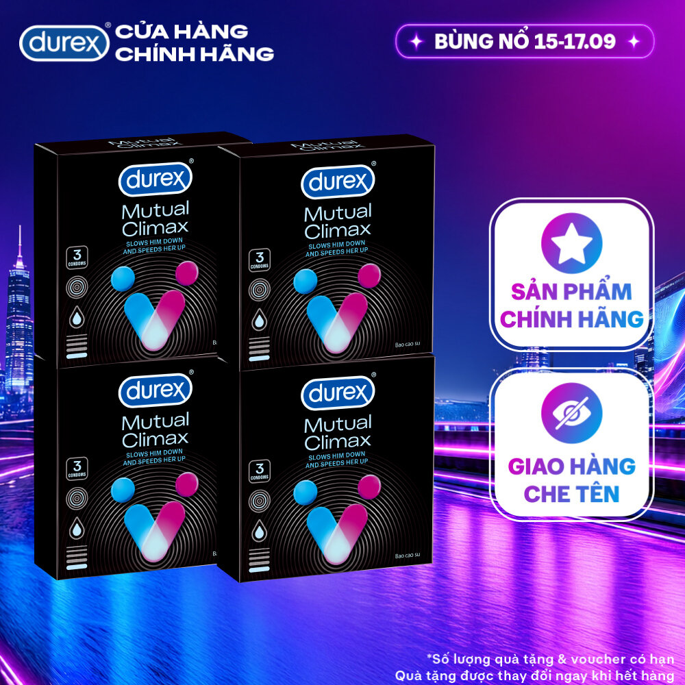 [SẢN PHẨM MỚI] Bộ 4 bao cao su Durex Mutual Climax kéo dài thời gian và gân gai, size 52.5 mm, hộp 3 bao
