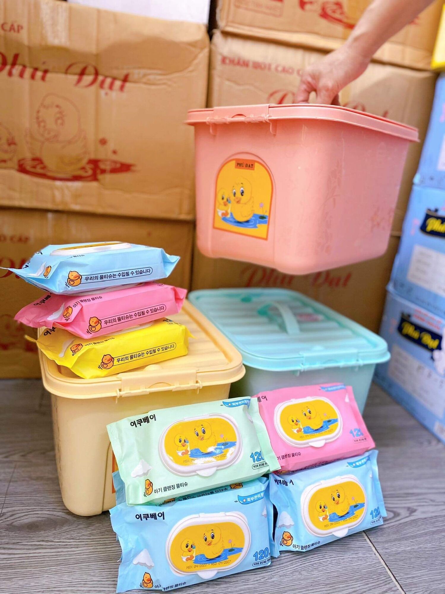 10 Gói Khăn Ướt Vịt Phú Đạt Không Mùi (Tặng Thùng) Được Chọn Màu