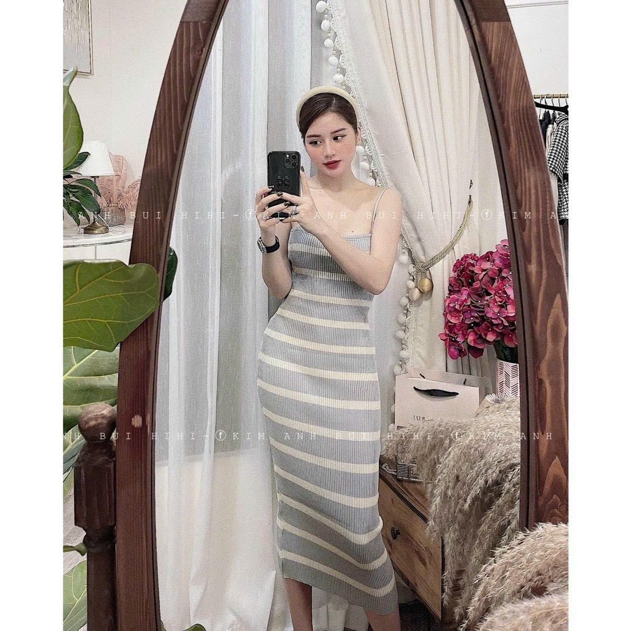 Đầm body thun len sọc hai dây cổ tim cao cấp