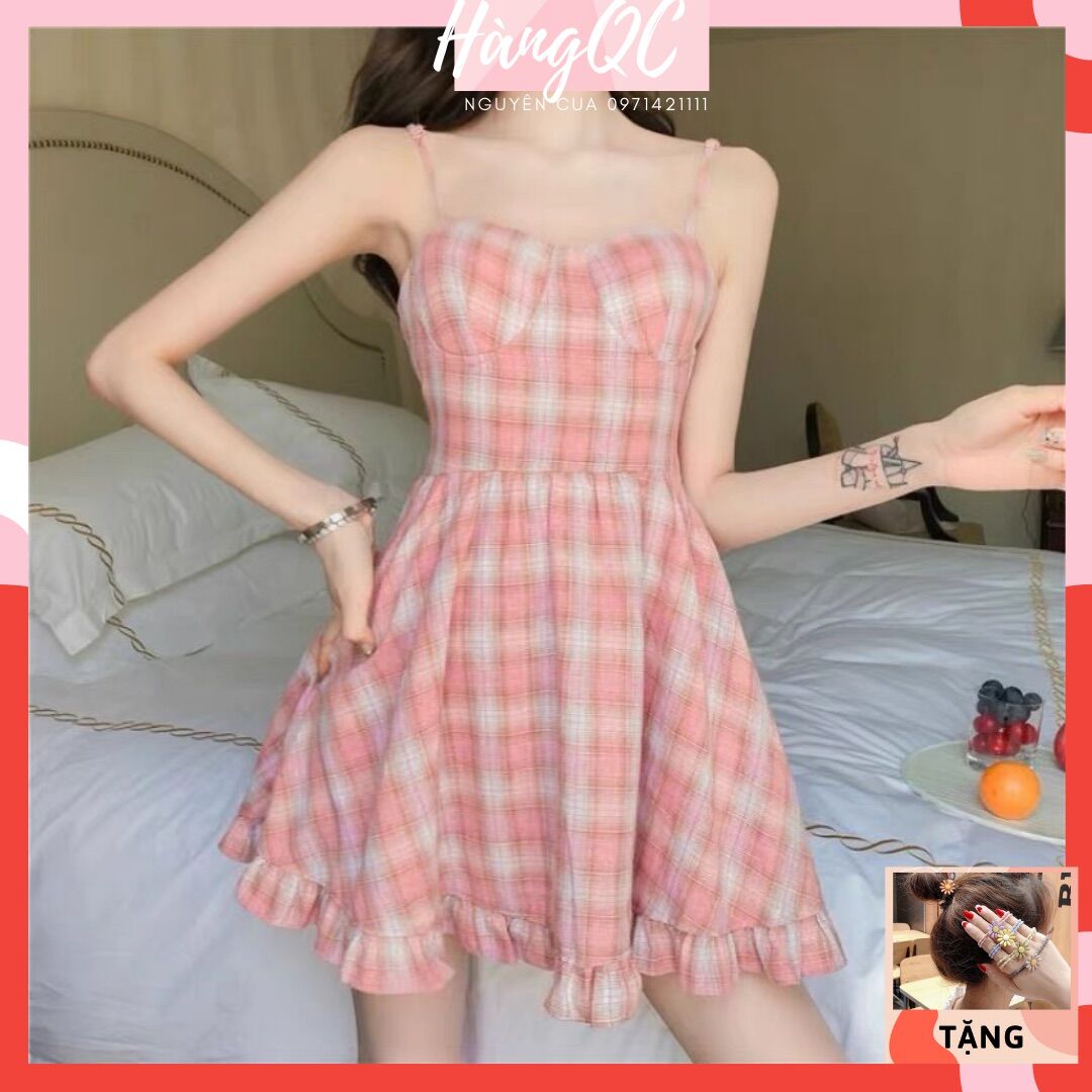 Đầm caro hồng 2 dây có mút ngực