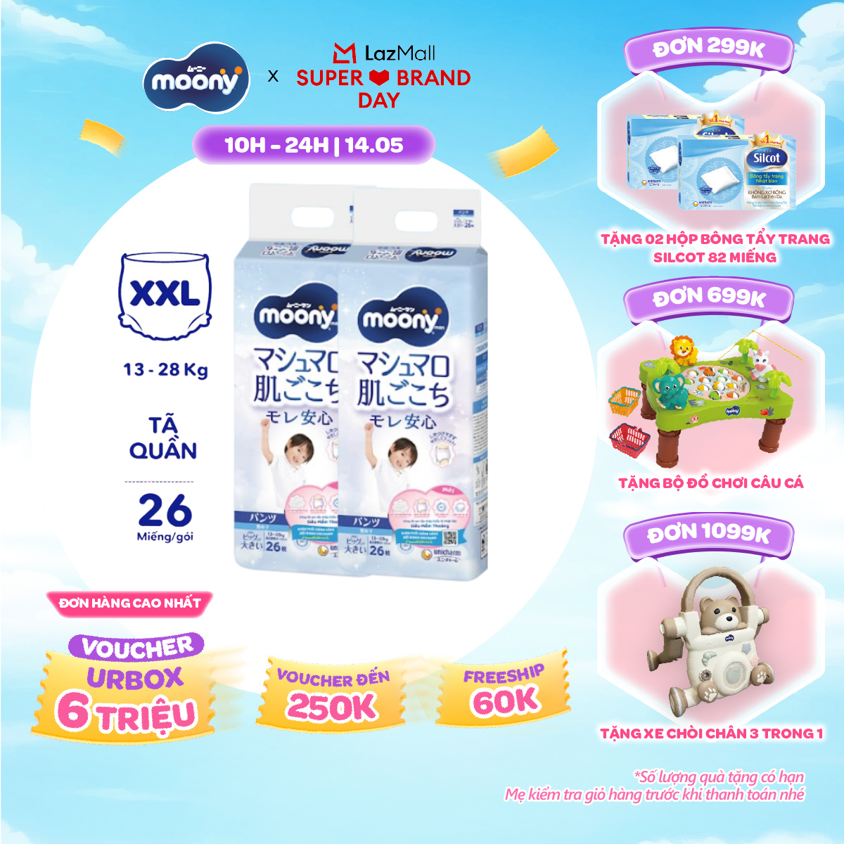 [SALE GIỮA THÁNG tặng QUÀ TO-SLCH] Combo 2 tã quần cao cấp Moony Bé Trai XXL26 miếng - Nhập khẩu từ Nhật Bản