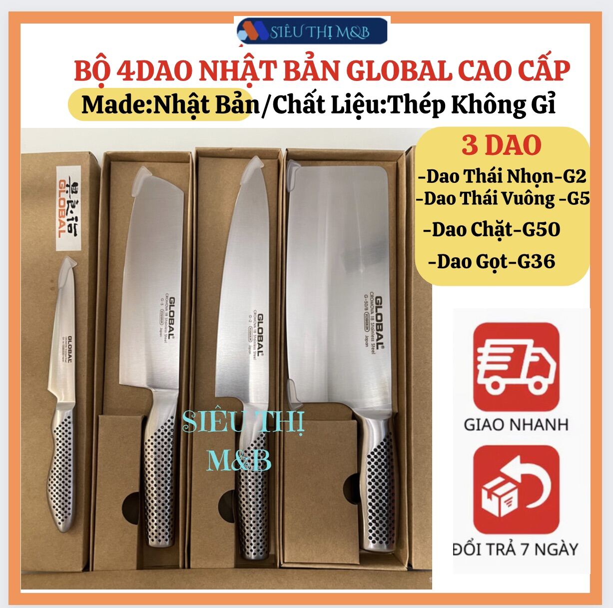 Bộ Dao Làm Bếp GLOBAL Nhật Bản Cao Cấp. Dao Chặt-Cặp Dao Thái Lọc Thịt-Dao Gọt Hoa Quả .Thép Không Gỉ CROMOVA 18 Cán Đúc Nguyên Khối -Hàng Nội Địa Nhật.Siêu Bền .Dụng Cụ Nhà Bếp Chuyên Dùng GLOBAL Nhật Bản Siêu Thị M&amp;B