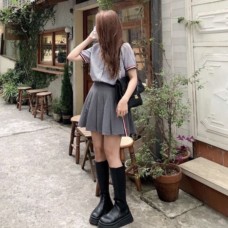 Sét chân váy xếp ly mix áo kẻ cực xinh