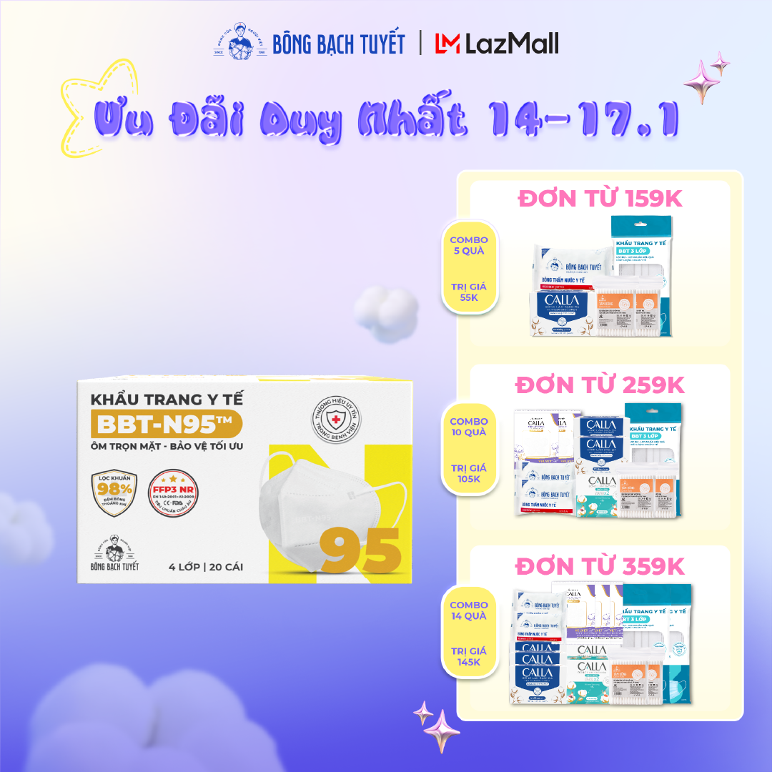 Khẩu Trang Bông Bạch Tuyết N95 4 lớp - Trắng (20 cái/hộp)