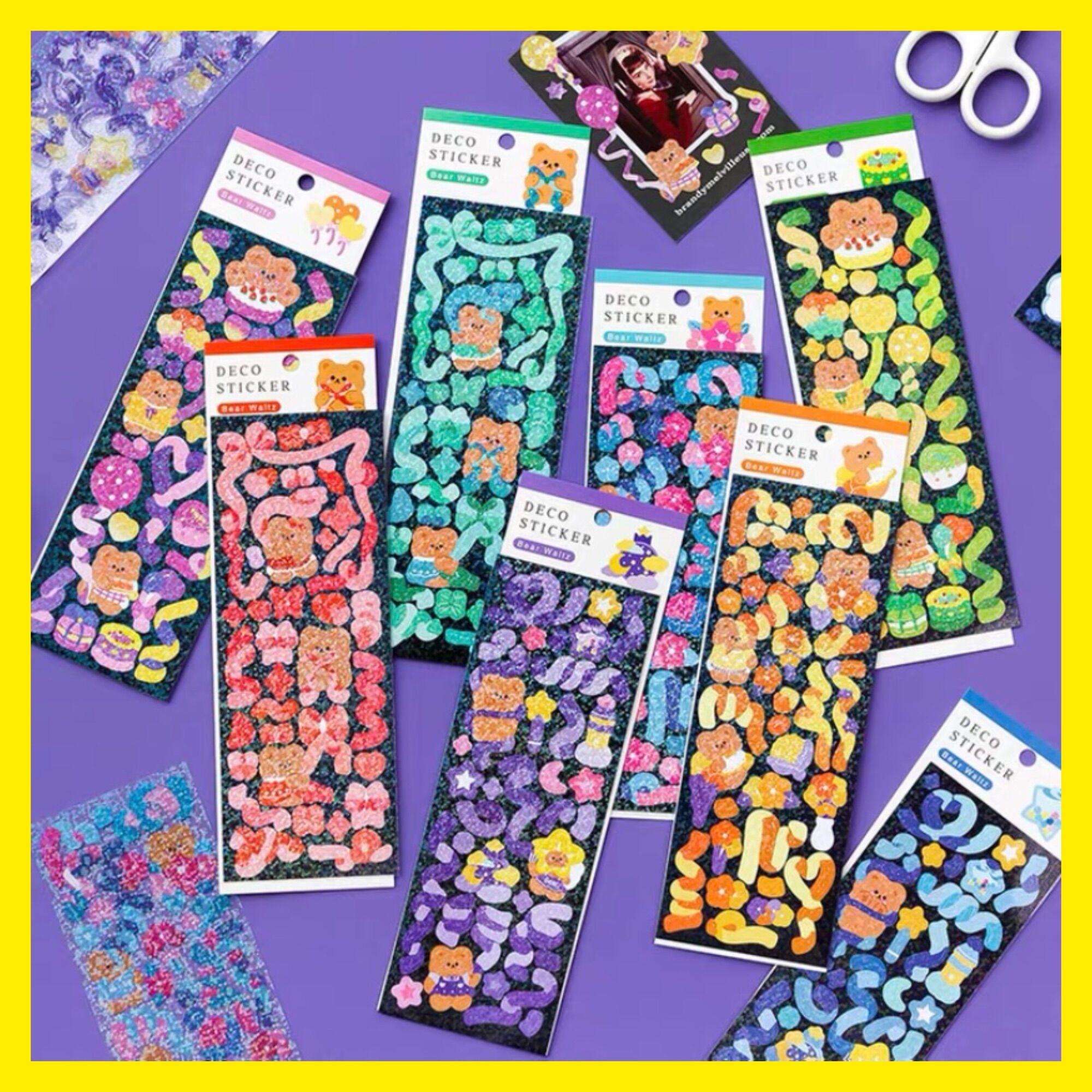 Set 2 tấm sticker ruy băng gấu béo lấp lánh
