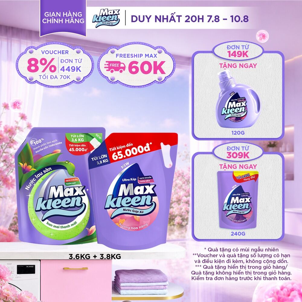 Combo Túi Nước Lau Sàn MaxKleen 3.6kg Ban Mai Thanh Mát + Túi Nước Giặt Xả MaxKleen 3.6kg/3.8kg (Hoa Nắng/Huyền Diêu/Vườn Sớm Mai/Thiên Nhiên)