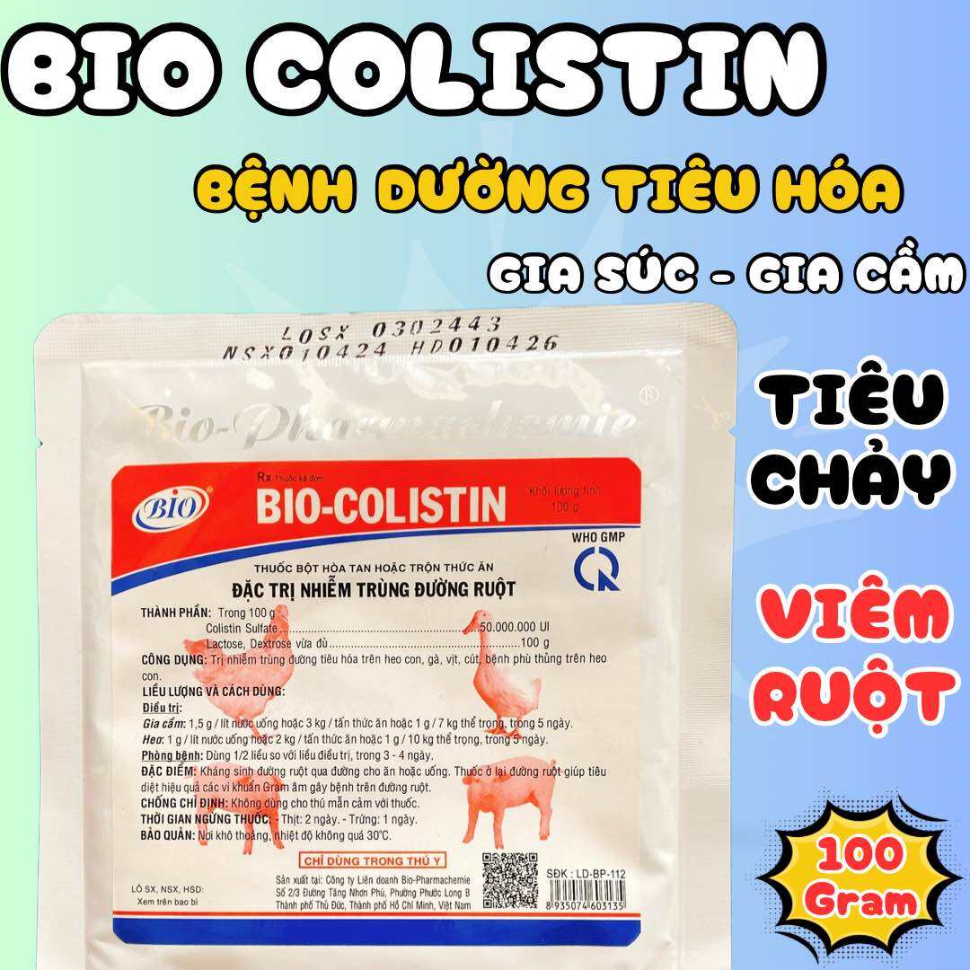 Bio Colistin viêm ruột, tiêu chảy, phân xanh, phân trắng heo, trâu, bò gói 100gram