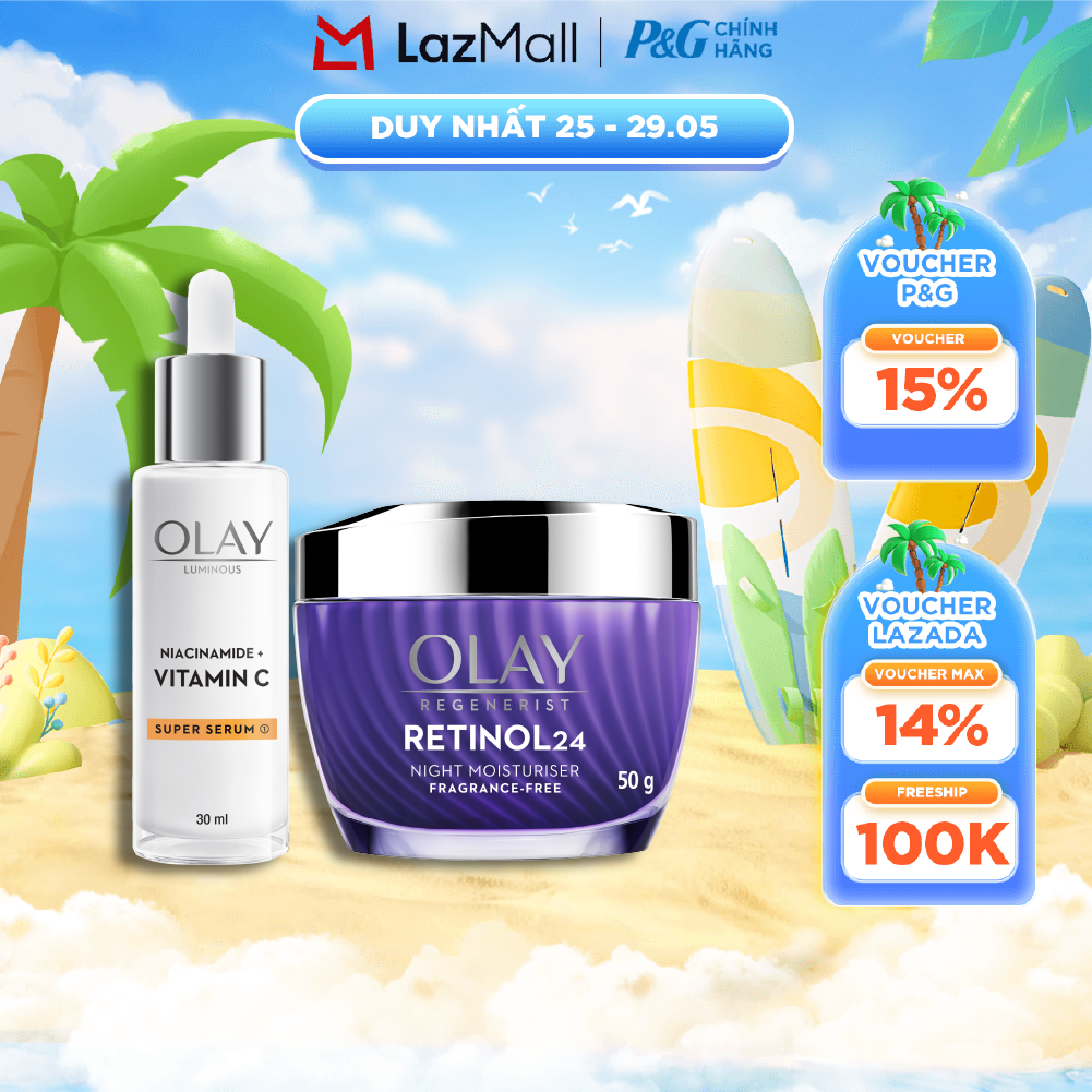 Combo Kem Dưỡng Ban Ngày OLAY Luminous Niacinamide VITAMIN C Giúp Mờ Vết Thâm, Đốm Nâu, Dưỡng Sáng Da Hũ 50G + Serum OLAY RETINOL24 Giúp Giữ Nét Tươi Trẻ Cho Da  Mờ Nếp Nhăn Chai 30ML