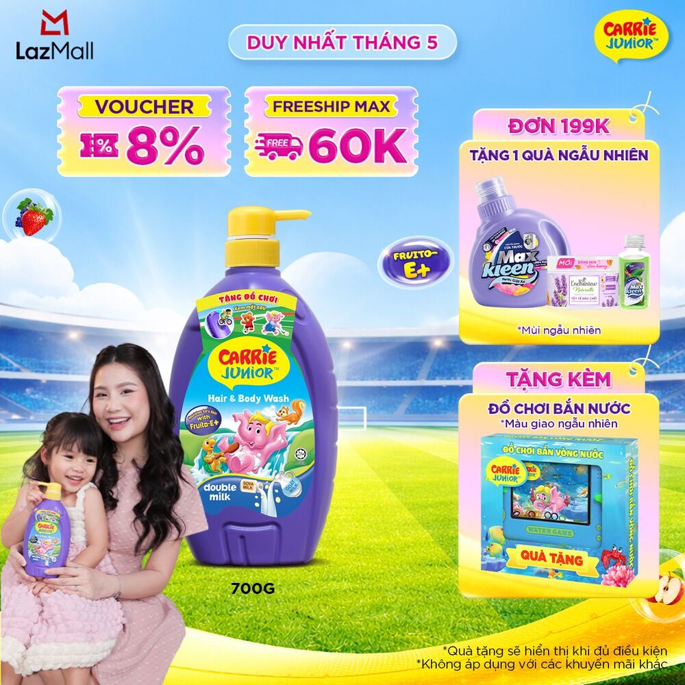 [Tặng Kèm Súng Bắn Nước] Sữa Tắm Gội cho bé Carrie Junior Hương Nho/Dưa lưới/Cherry/Mơ tây/Tinh chất sữa/Táo 700g