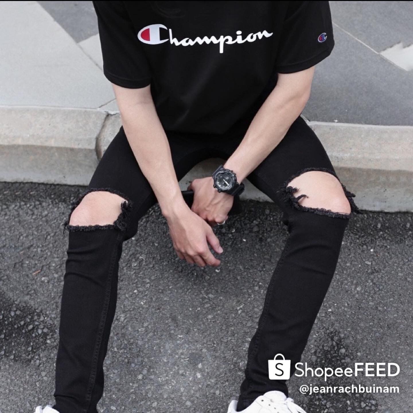 Quần jean nam rách gối, quần đen nam rách gối to co giãn dáng skinny đẹp