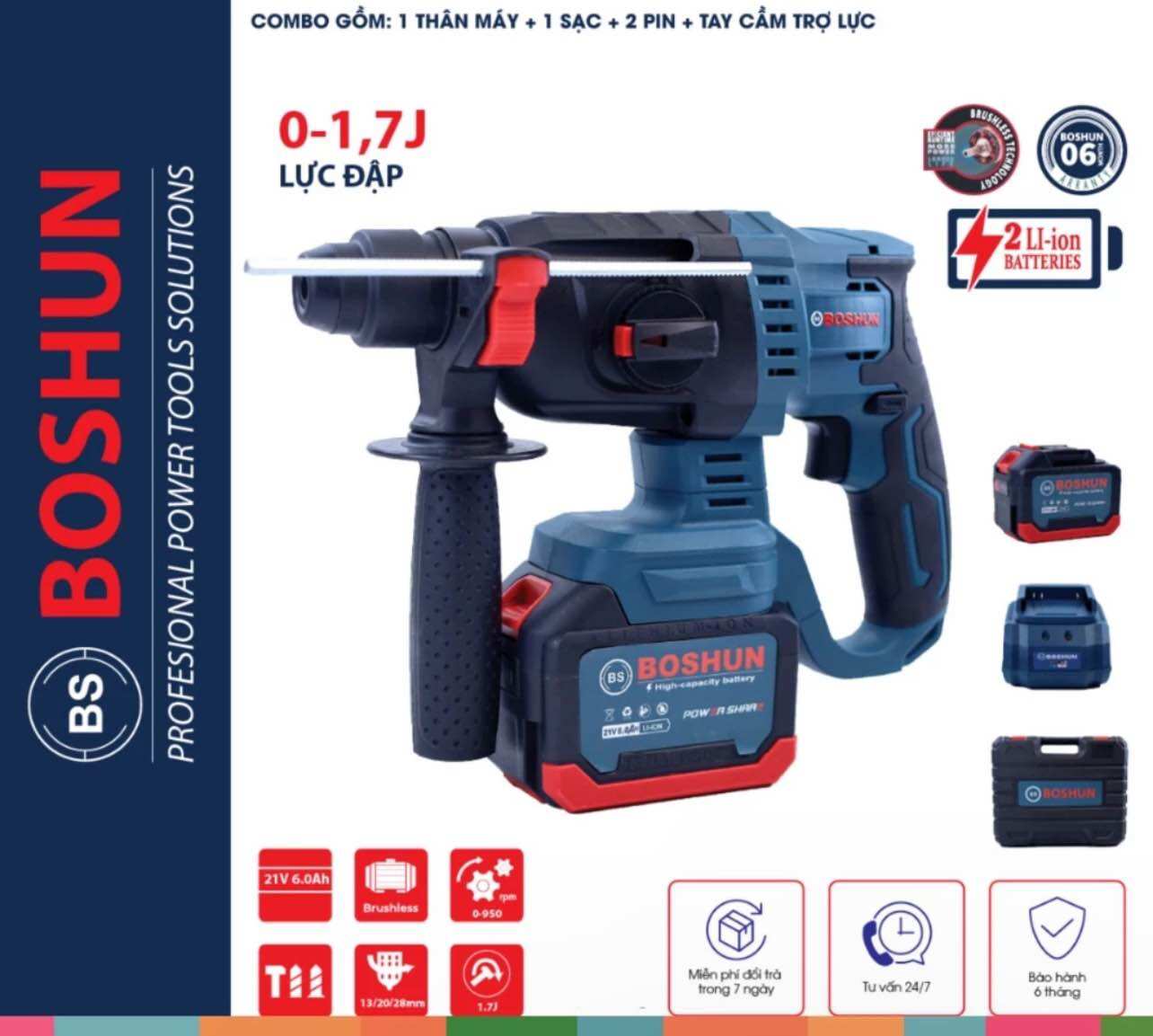   Hoả Tốc HCM  Máy Khoan Bê Tông Pin BOSHUN ruột đồng 100% Không Chổi Than BS-G2803H 3 Chức Năng Chân Pin Thông Dụng 